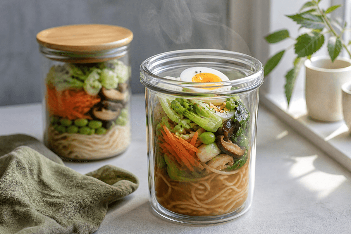 Dampende høj glasbeholder med ramennudler, misobouillon, shiitake, pak choi, gulerod, edamame og gennemkogt æg