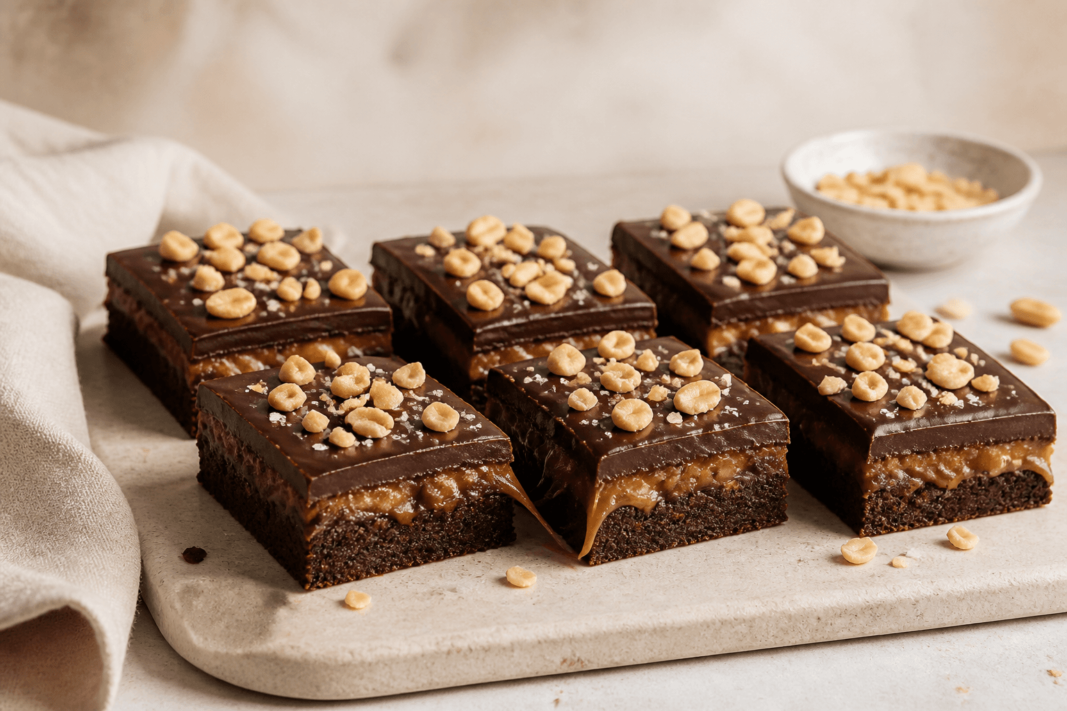 Seks rektangulære chokoladebarer med mørk bund, salt peanutkaramel, blank ganache og ristede peanuts