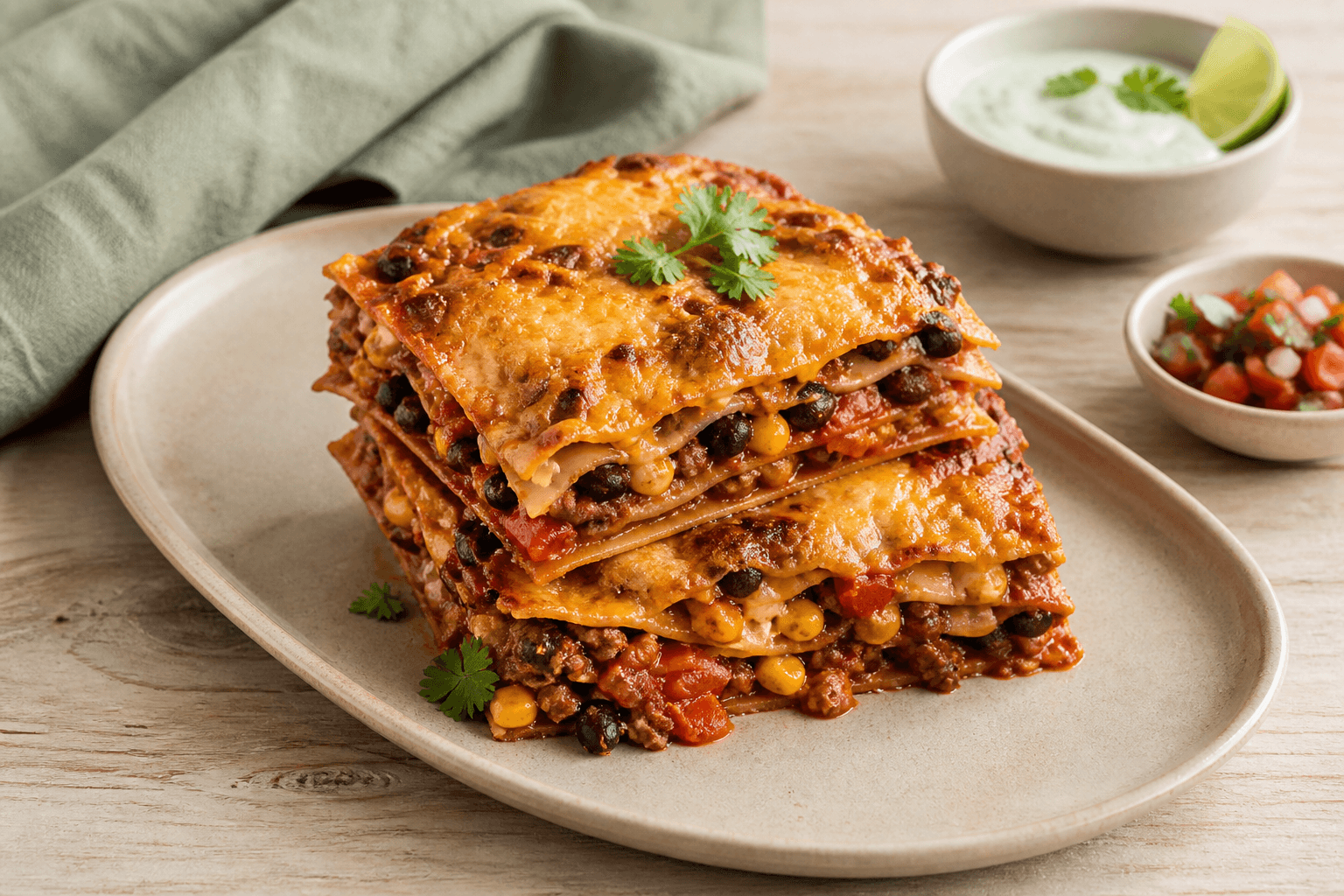 Høje stykker mexicansk lasagne med oksekød, sorte bønner, majs, peberfrugt og cheddar på lyst fad med limecreme