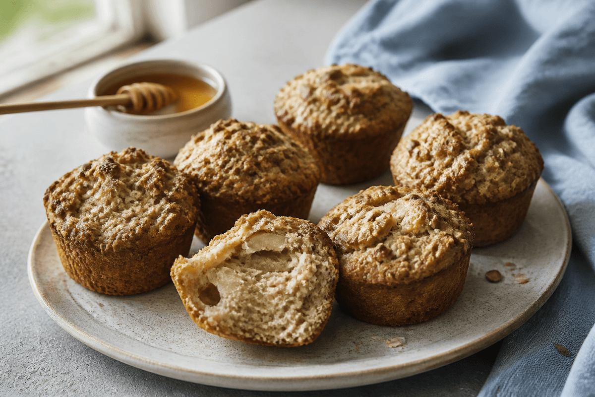 Seks høje havremuffins med pære, kardemomme, honning og kernecrumble på lys tallerken, én muffin åbnet
