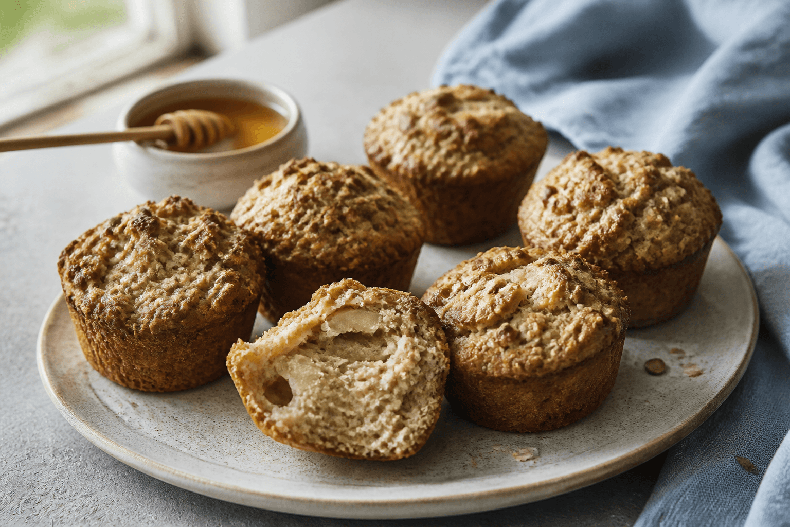 Seks høje havremuffins med pære, kardemomme, honning og kernecrumble på lys tallerken, én muffin åbnet