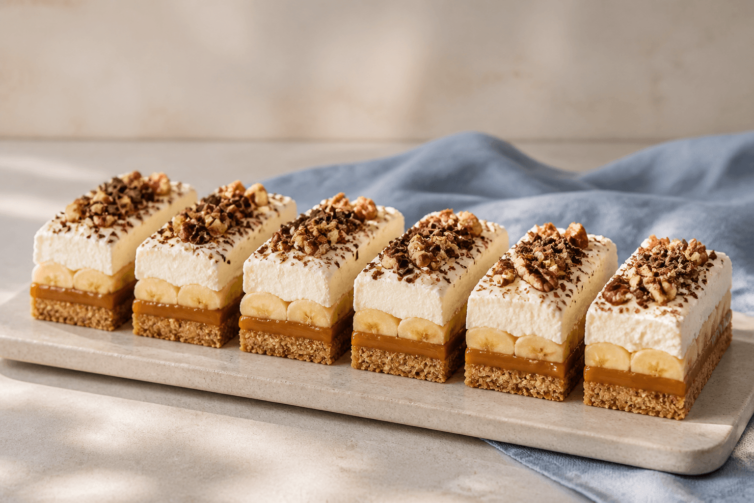 Seks rektangulære banoffee-barer med havre-pecanbund, saltkaramel, banan, vanilje-skyrcreme, chokolade og pekannødder