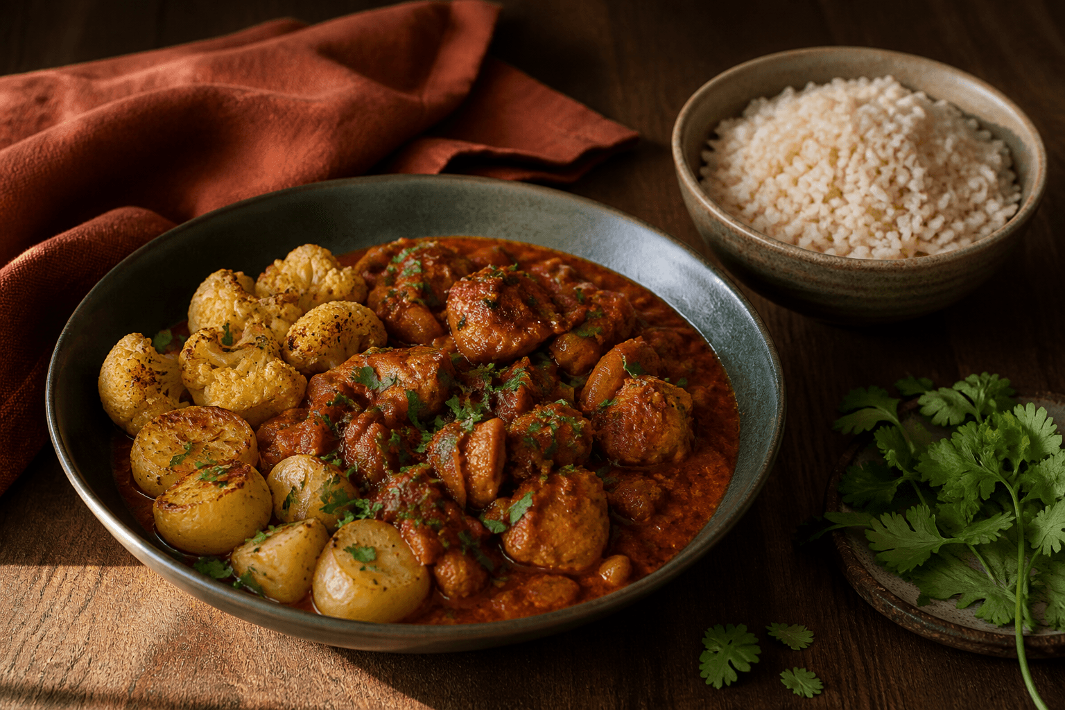Dyb skål med mørkerød kylling vindaloo, små kartofler, ristet blomkål og koriander samt brun basmatiris ved siden af