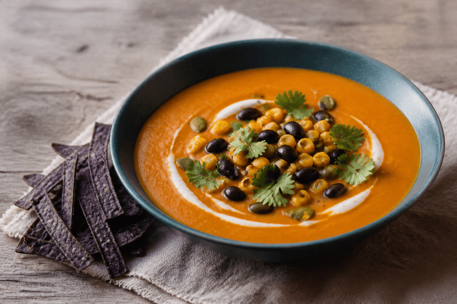 Mørk turkis skål med orange chipotle-græskarsuppe, sorte bønner, ristet majs, græskarkerner, yoghurt, koriander og blå tortillaknas