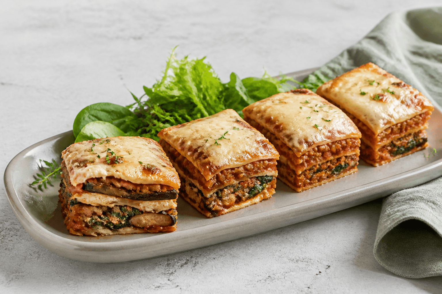 Fire firkantede stykker vegetarlasagne med aubergine, svampe, spinat, linse-tomatragout, ricotta og mozzarella på langt gråt fad