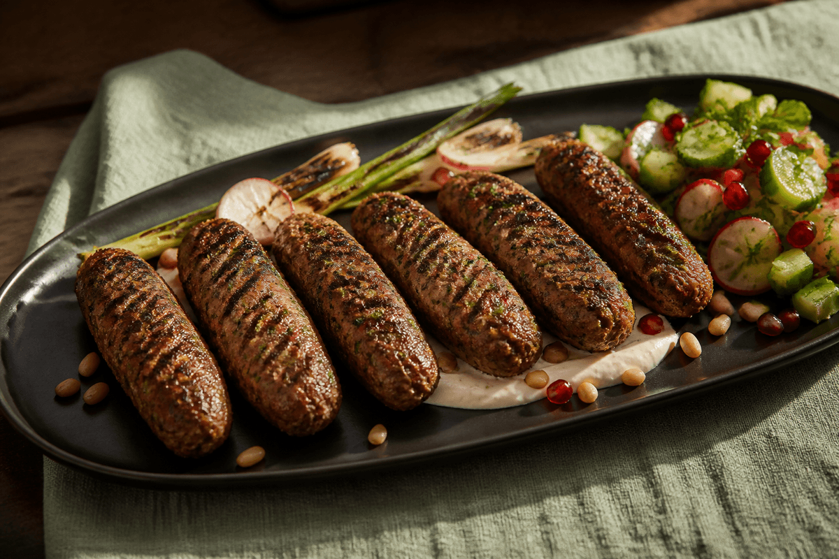 Seks aflange gennemstegte lammekofta med grillmærker, citrontahin, grillet forårsløg, agurk-radisesalat, granatæble og pinjekerner