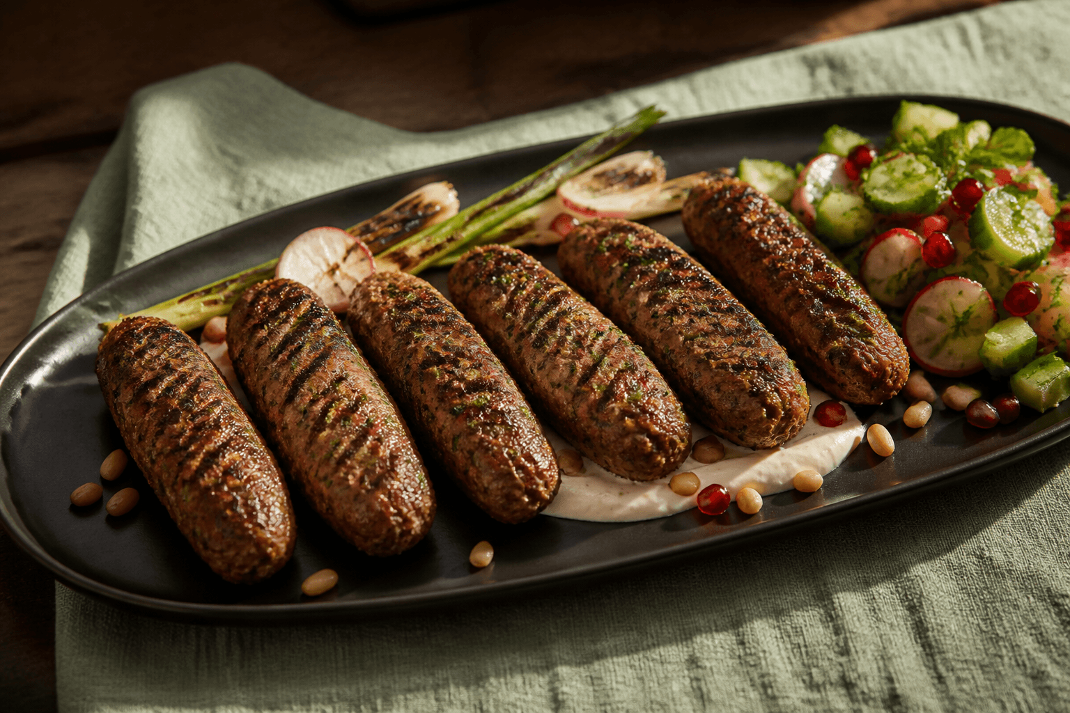 Seks aflange gennemstegte lammekofta med grillmærker, citrontahin, grillet forårsløg, agurk-radisesalat, granatæble og pinjekerner