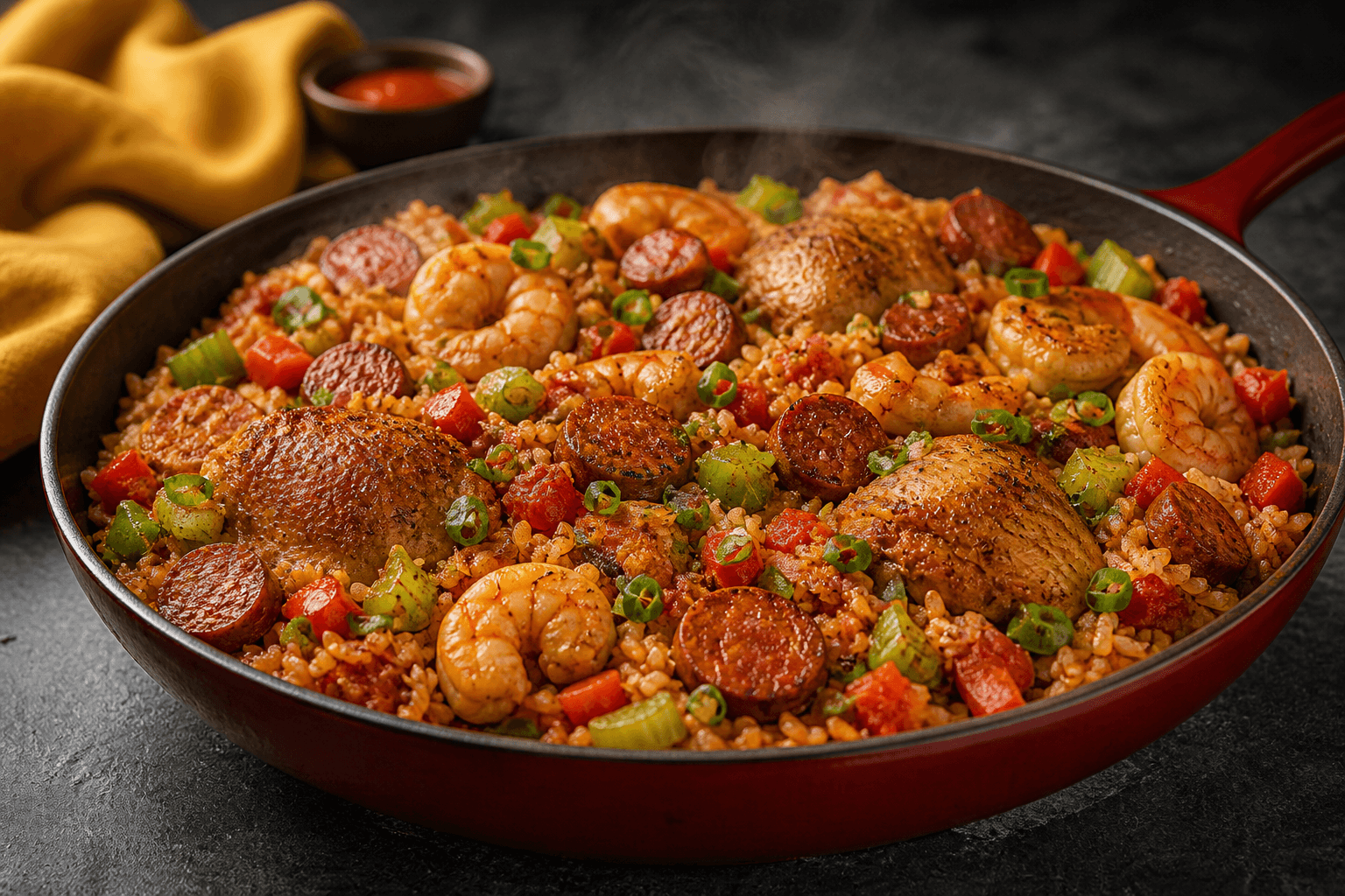 Rød lav pande med rustfarvet jambalaya, gennemstegt kylling, chorizo, rosa rejer, peberfrugt, bladselleri og forårsløg