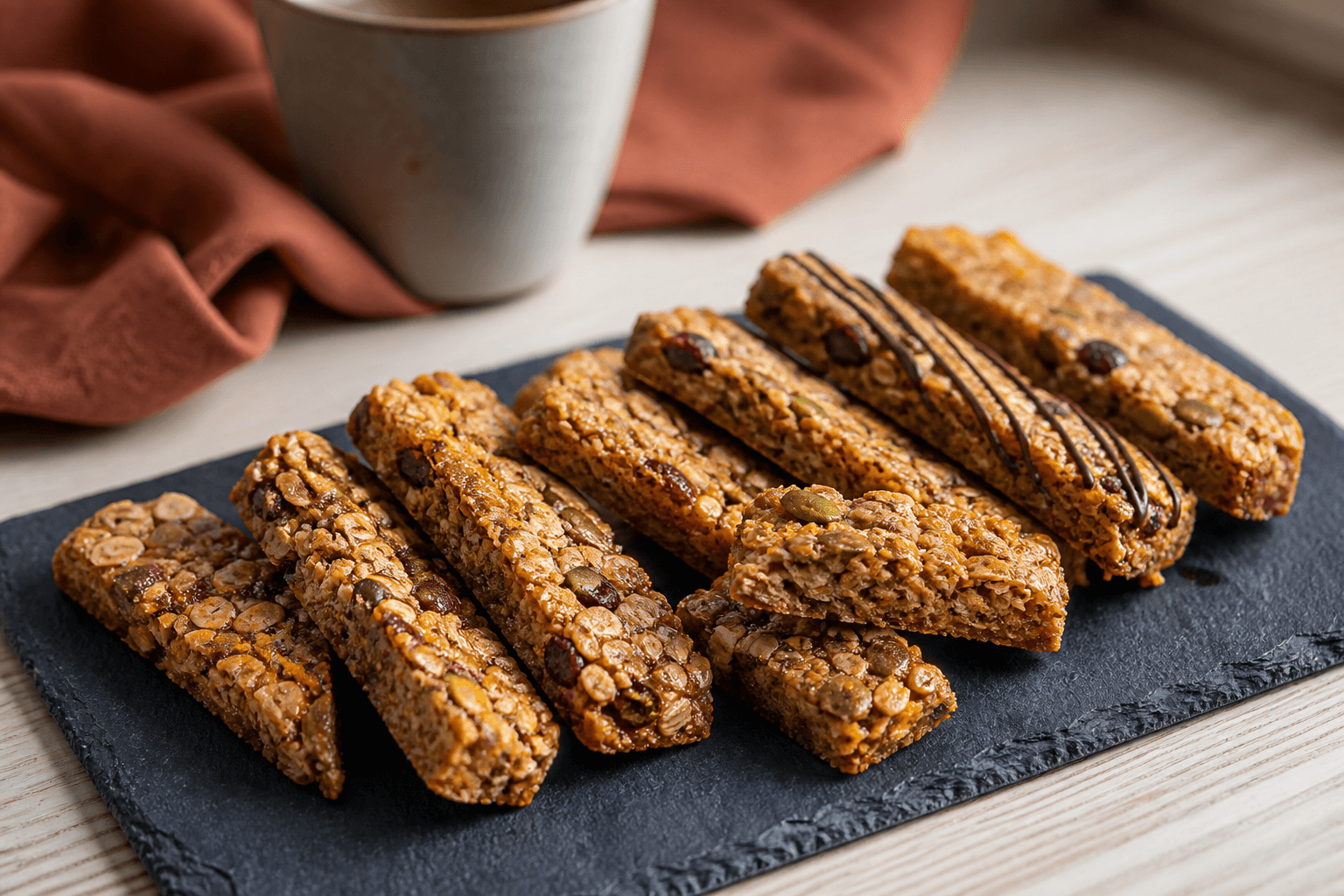 Aflange gyldne flapjackbarer med havre, tranebær, græskarkerner, appelsin og tynde chokoladestriber på mørk skifer