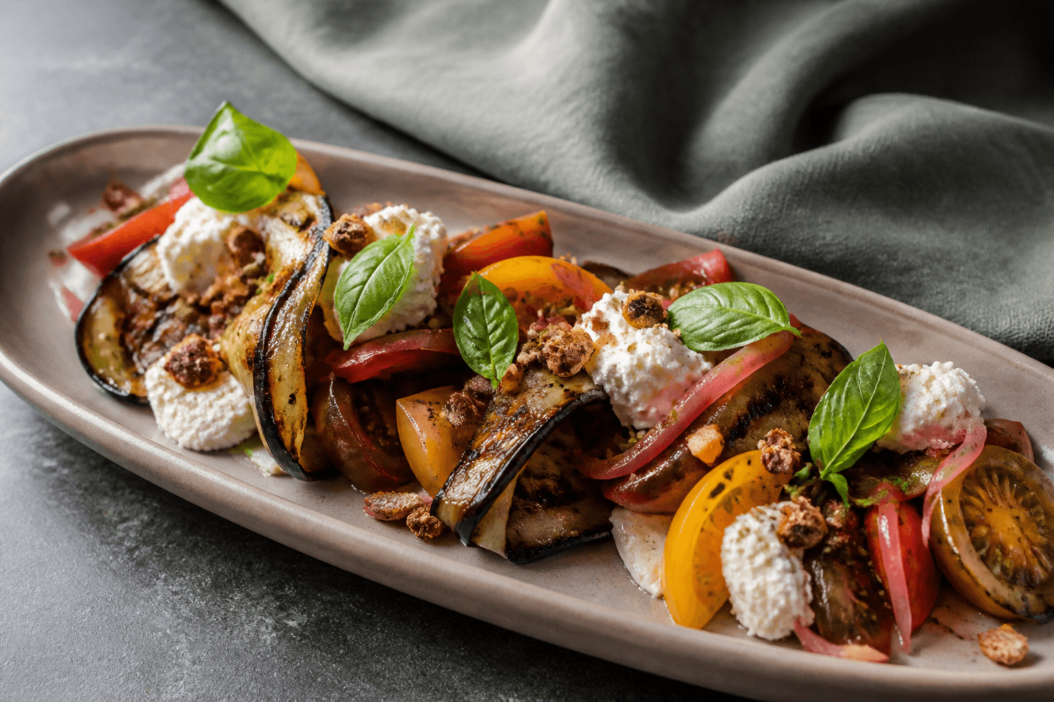 Langt sandfarvet fad med grillede aubergineflager, flerfarvede tomater, citron-fetacreme, syltede skalotteløg, basilikum og rug-almondknas