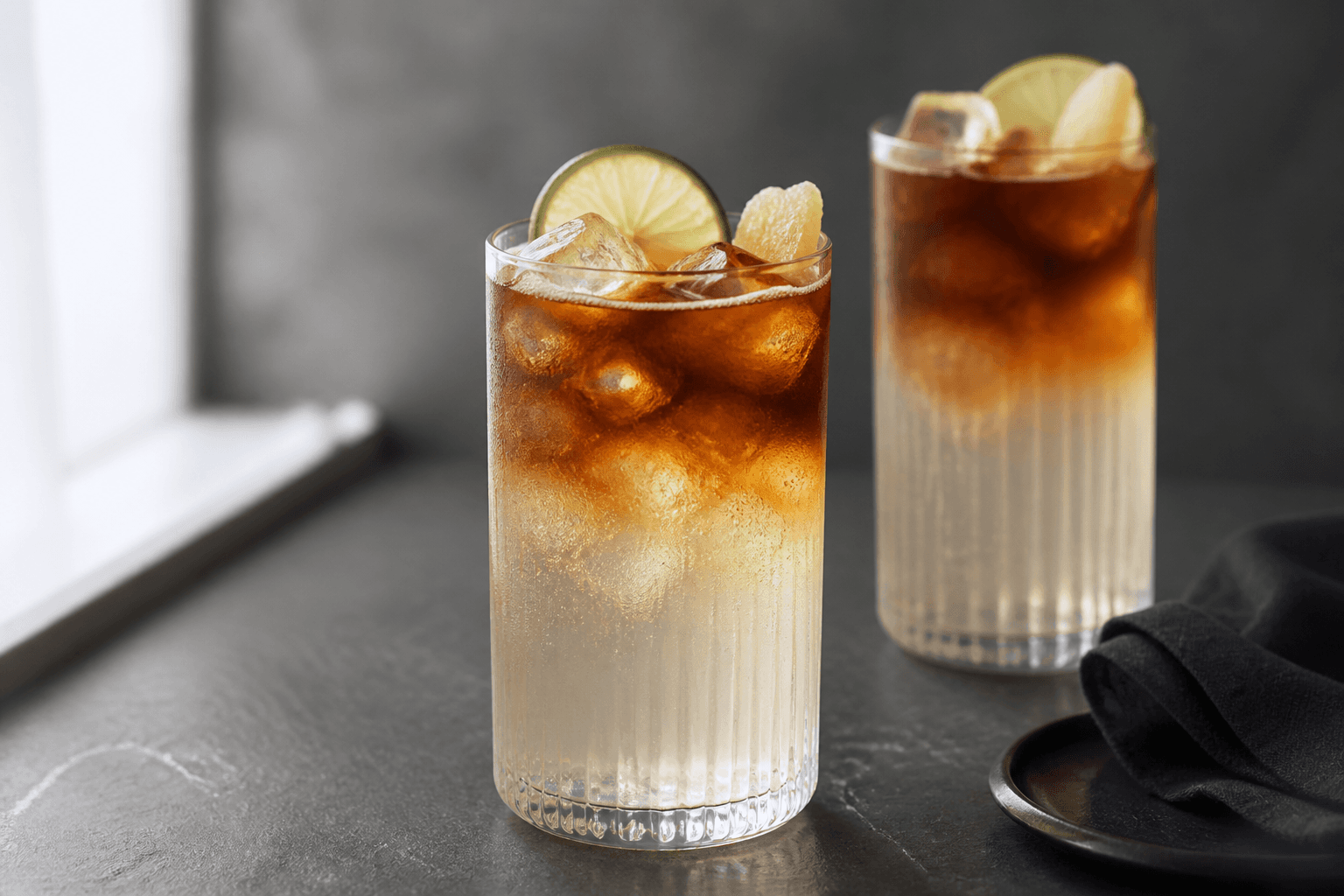 To høje Dark n’ Stormy-cocktails med lyst gingerbeerlag, mørk romsky, lime og kandiseret ingefær på grå sten