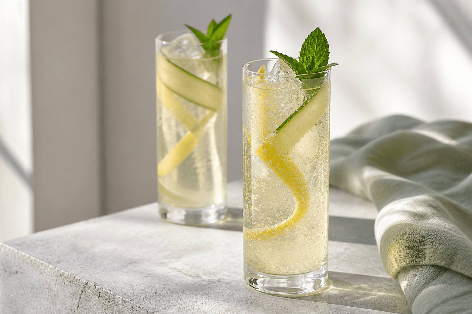 To høje lysegule limoncello-gin highballs med bobler, citronspiral, agurk og mynte på lys grå sten
