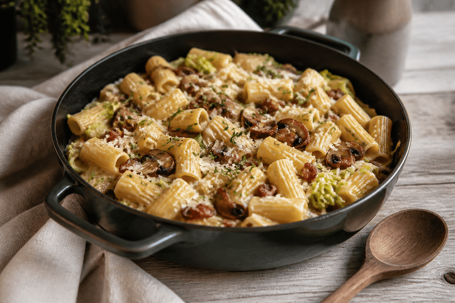 Cremet færdigkogt one-pot rigatoni med brunede svampe, sprød bacon, spidskål, timian og lagret ost i grøn støbejernsgryde