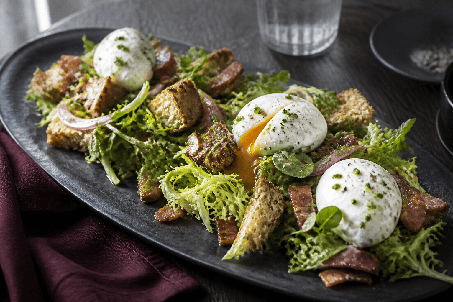 Salade Lyonnaise med frisée, pocherede æg, sprøde baconlardons, rugcroutoner, syltet skalotteløg og sennepsvinaigrette på sort fad