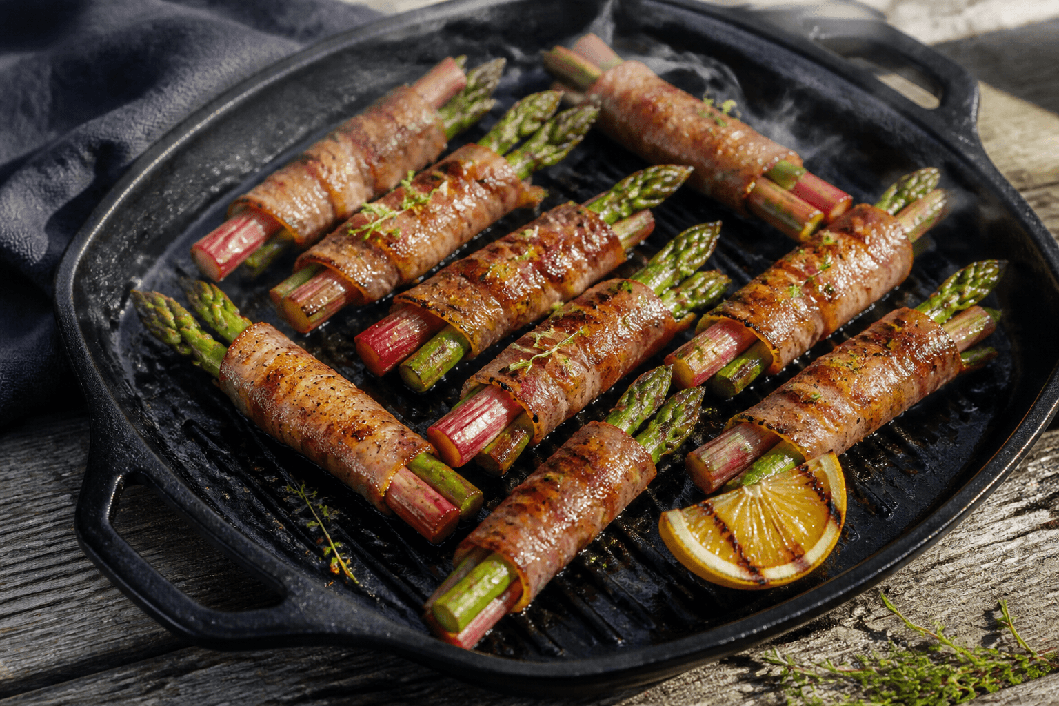 Otte grillede baconbundter med grønne asparges og pink rabarber, honning-sennepsglace, timian og grillet citron i sort grillpande