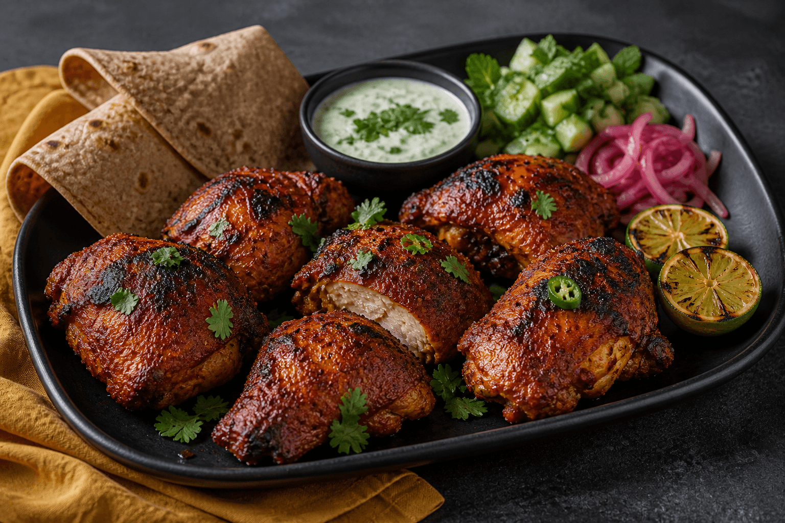 Seks mørkt grillede tandoori-kyllingeoverlår med lime, agurk-myntesalat, syltede rødløg, korianderyoghurt og fuldkornsfladbrød på sort fad