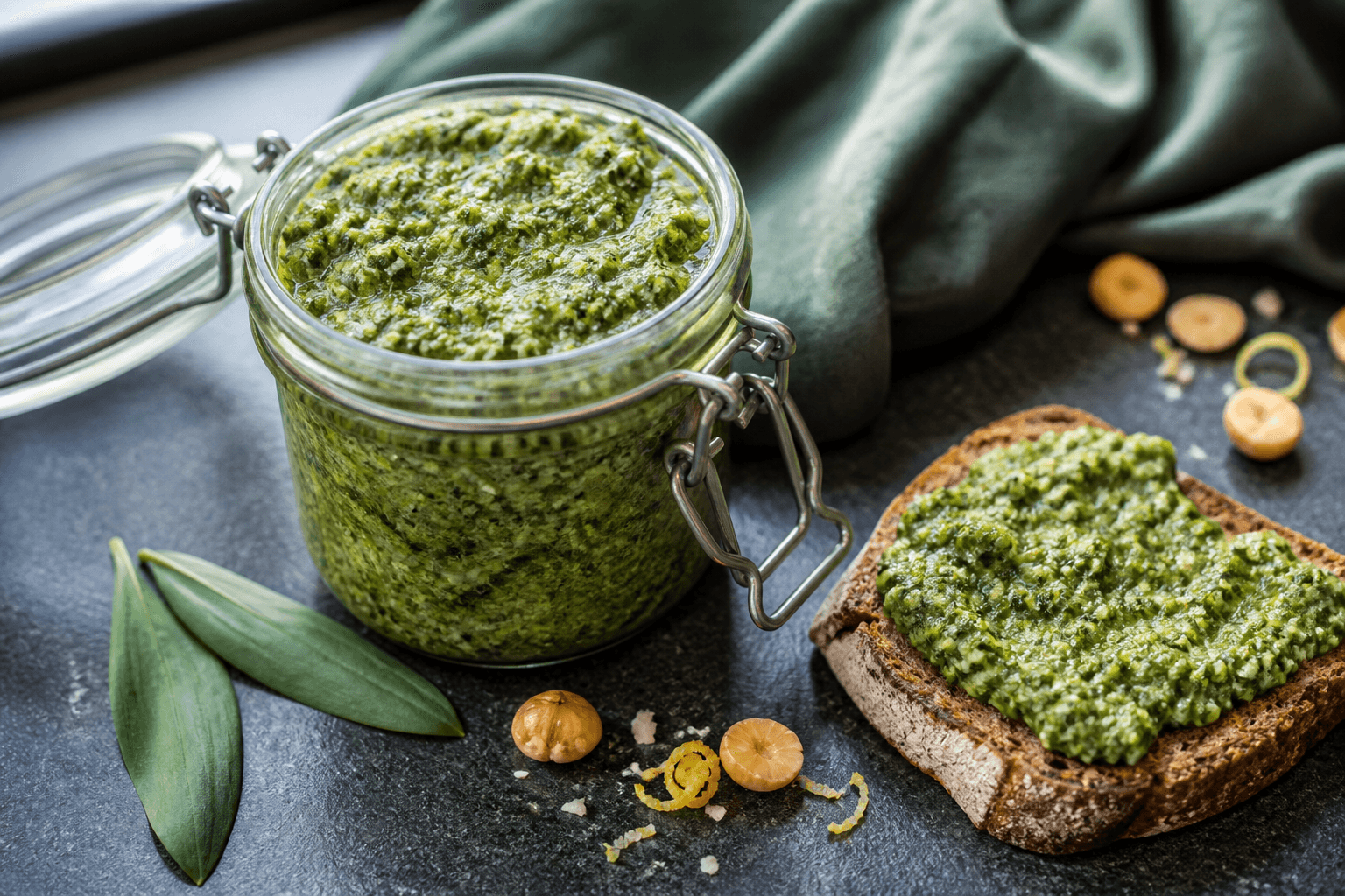 Klar grøn ramsløgspesto med hasselnød, lagret ost, citron og rapsolie i åbent patentglas ved ristet rugbrød
