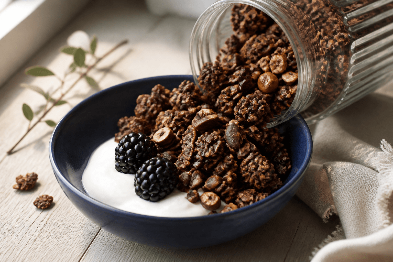 Mørk chokoladegranola med store kakaoklynger, hasselnødder, boghvede, græskarkerner og tørrede kirsebær fra glas over koboltskål med skyr og brombær
