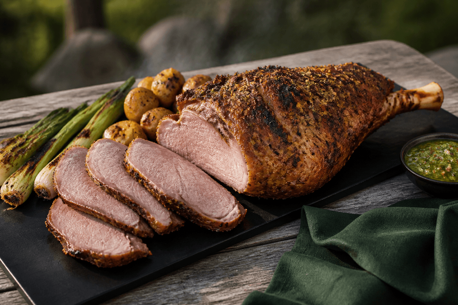 Grillet lammekølle med rosmarin-citronskorpe og rosa skiver på sort fad med grillede porrer, nye kartofler og grøn mynte-kaperssauce