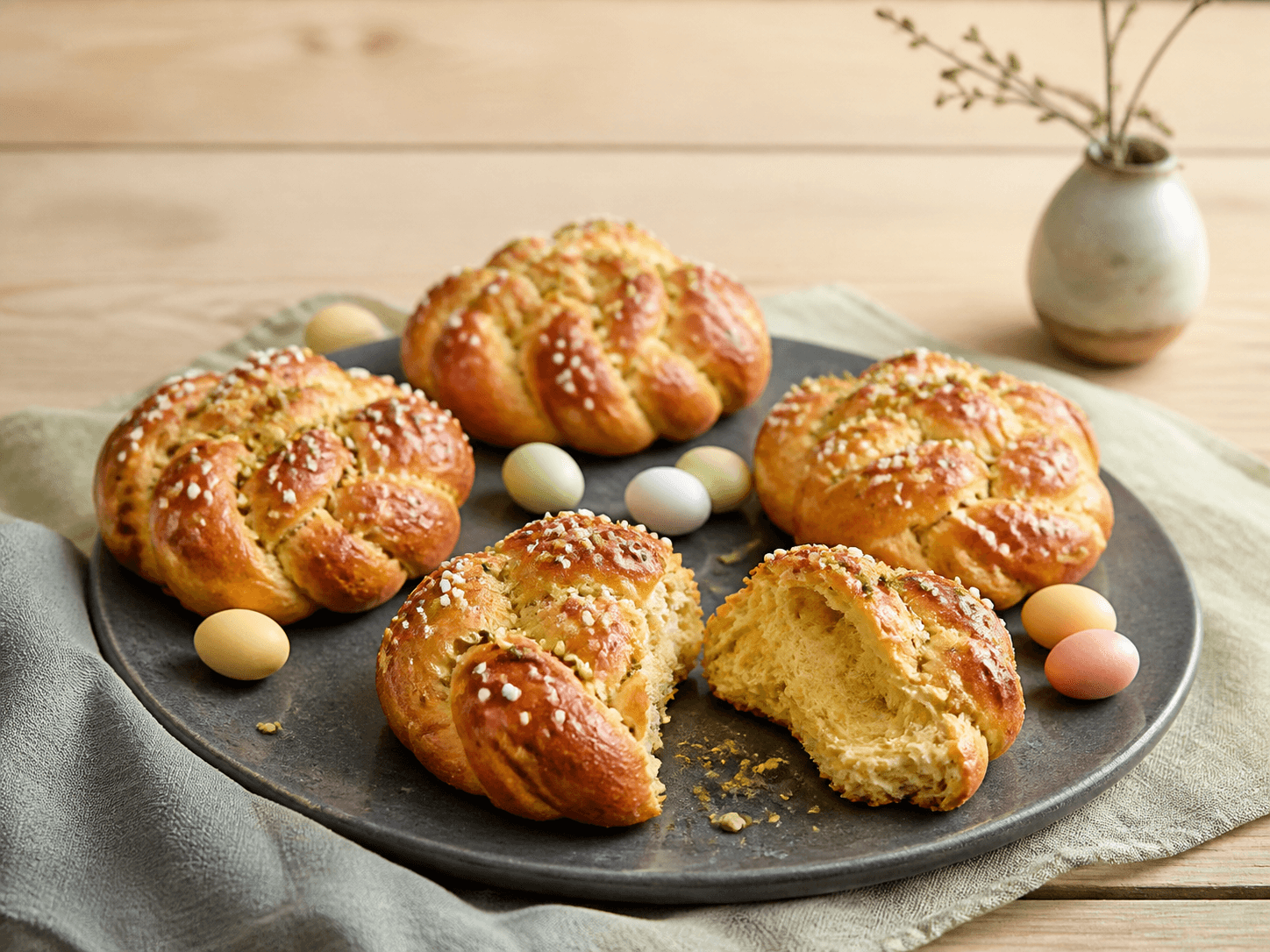 Fem gyldne flettede påskereder med safran, appelsin, kardemomme, pistacie og perlesukker på mørkt stentøjsfad med små pastelæg