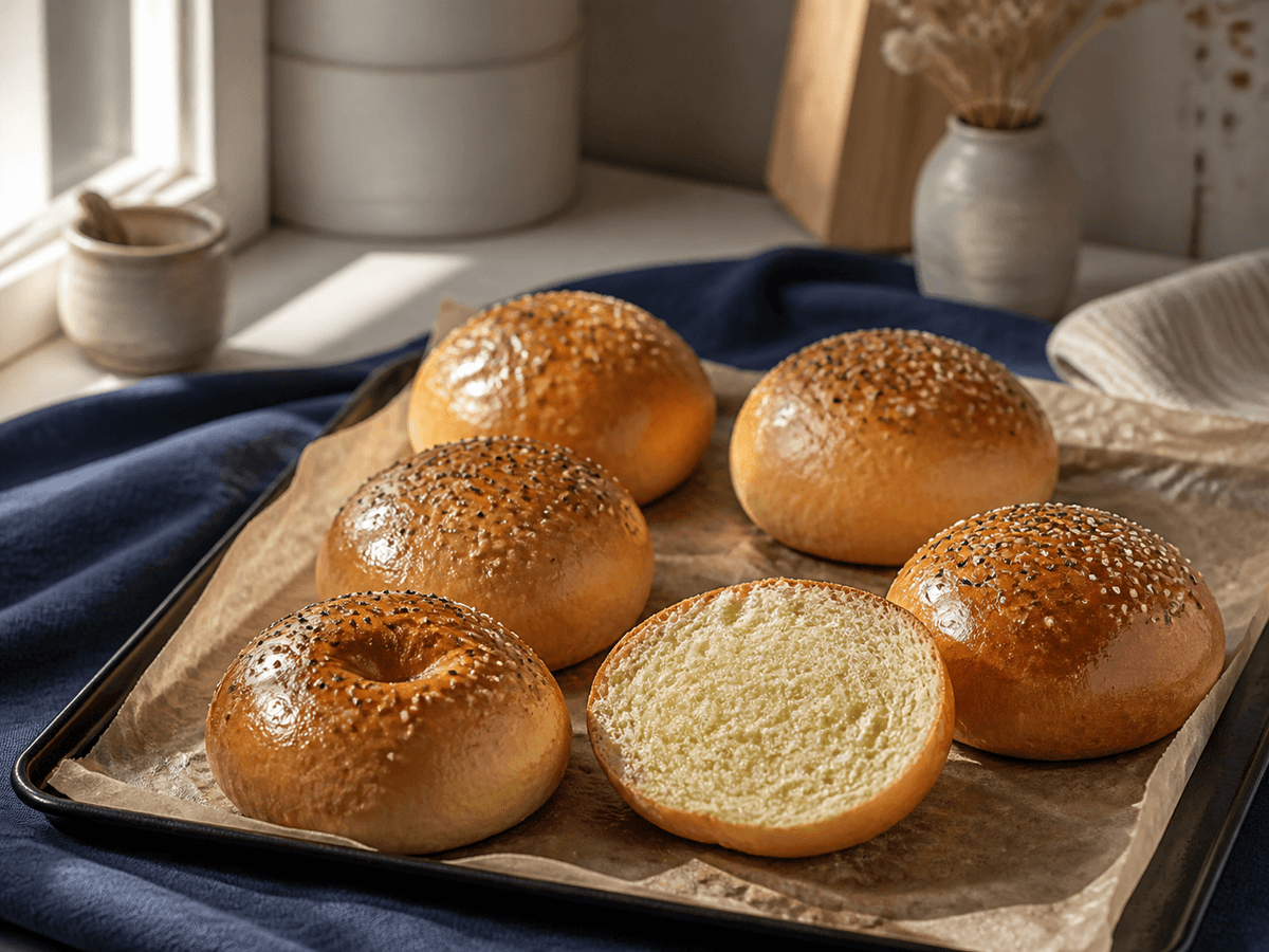 Seks blanke kartoffel-tangzhong-briocheburgerboller med sort og hvid sesam på mørk bageplade, én bolle skåret åben med fin gylden krumme