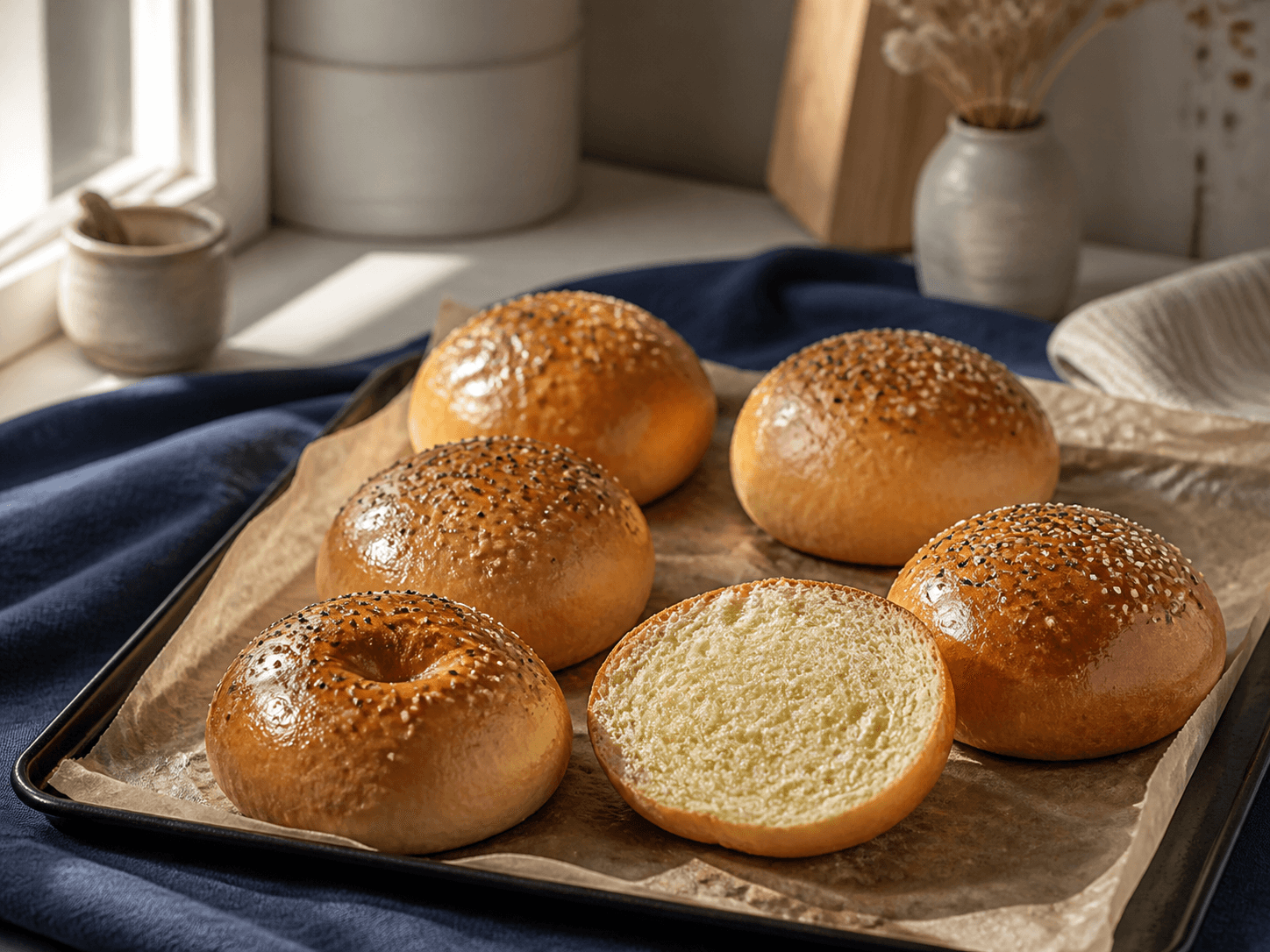Seks blanke kartoffel-tangzhong-briocheburgerboller med sort og hvid sesam på mørk bageplade, én bolle skåret åben med fin gylden krumme