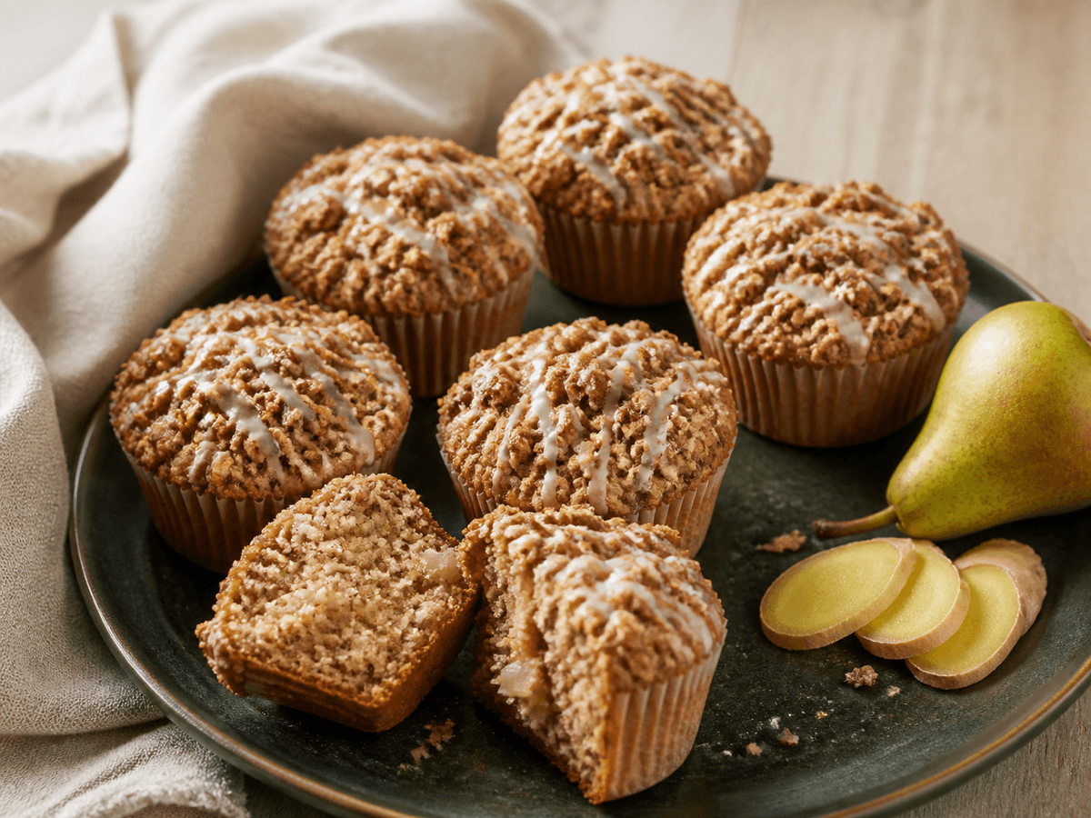 Syv høje ingefær-pæremuffins med grov rug-havrecrumble og tynd citronskyrglasur på mørkegrønt keramikfad, én muffin brækket åben