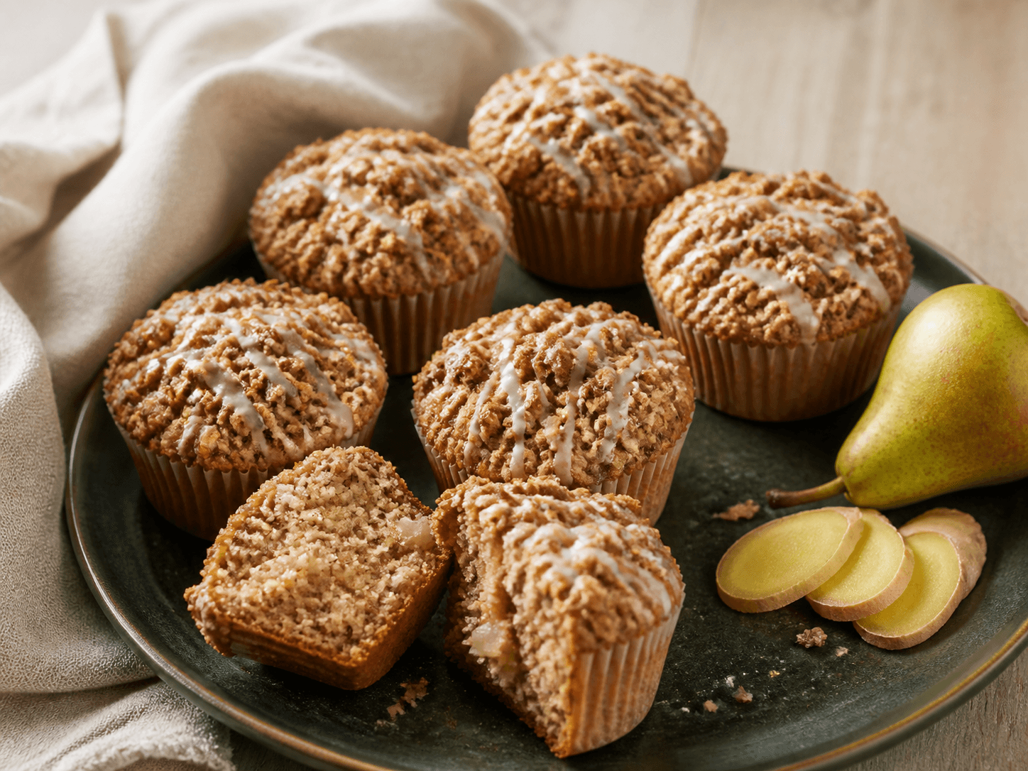Syv høje ingefær-pæremuffins med grov rug-havrecrumble og tynd citronskyrglasur på mørkegrønt keramikfad, én muffin brækket åben