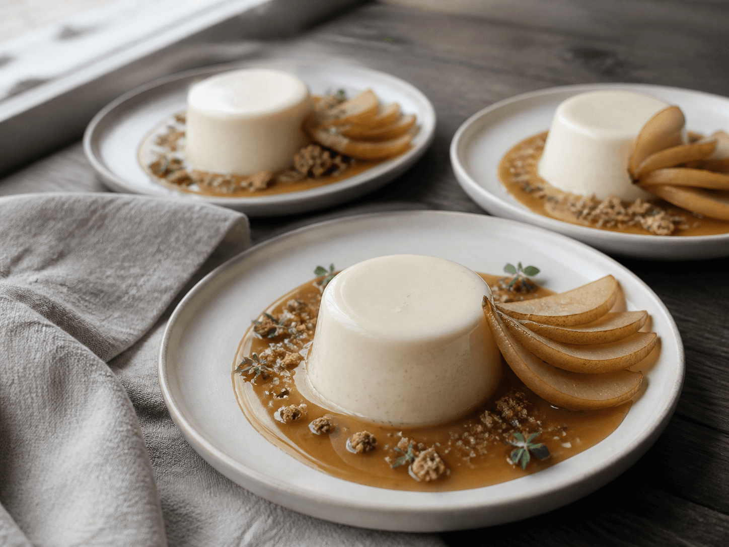 Tre udstøbte kærnemælks-panna-cottaer på råhvide tallerkener med saltet misokaramel, bagte pærevifter, rugcrumble og citrontimian