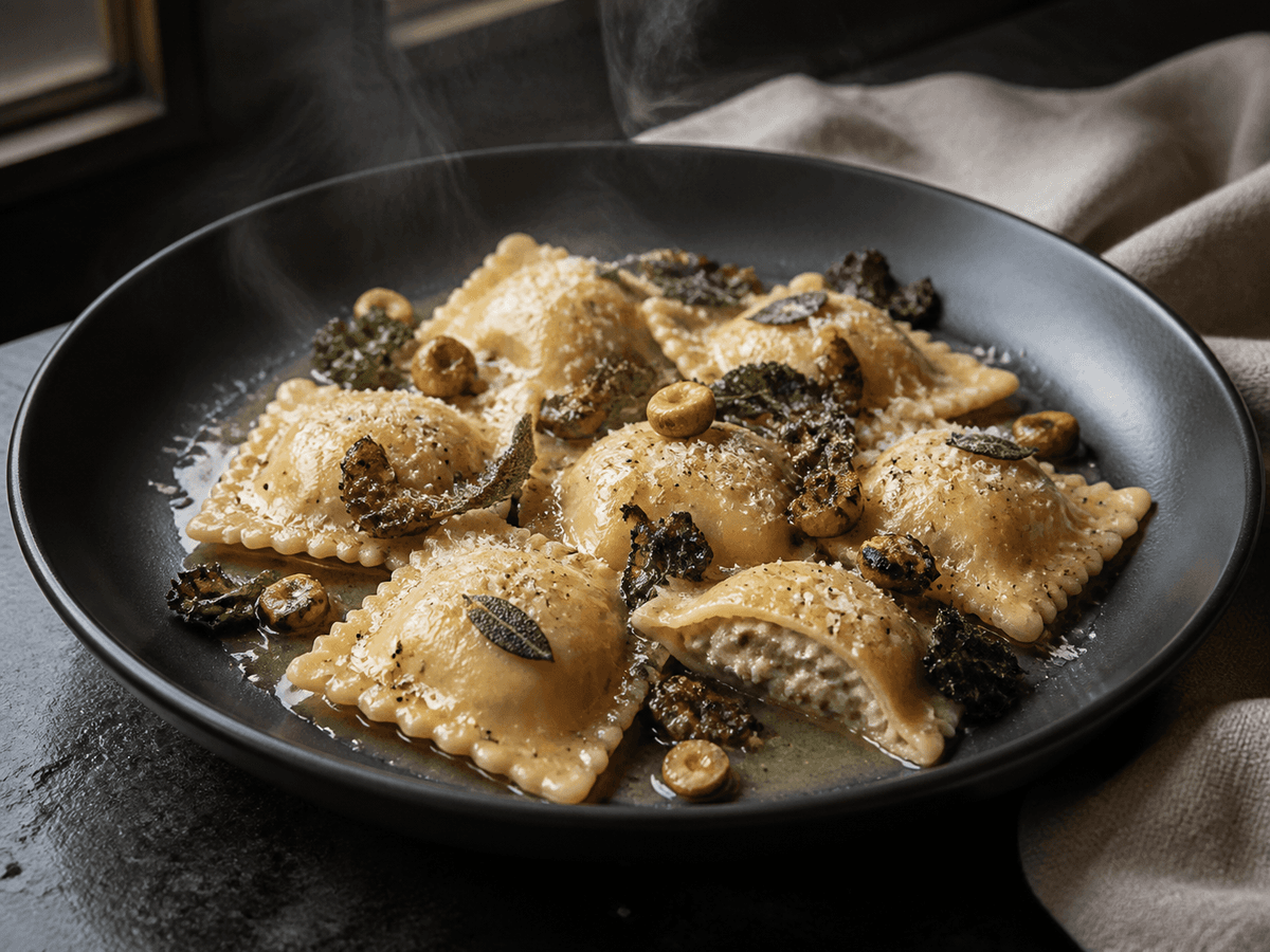 Syv firkantede hjemmelavede ravioli med ristet svampe-ricotta-misofyld i hasselnøddebrunet smør med sprød salvie og grønkål på sort tallerken