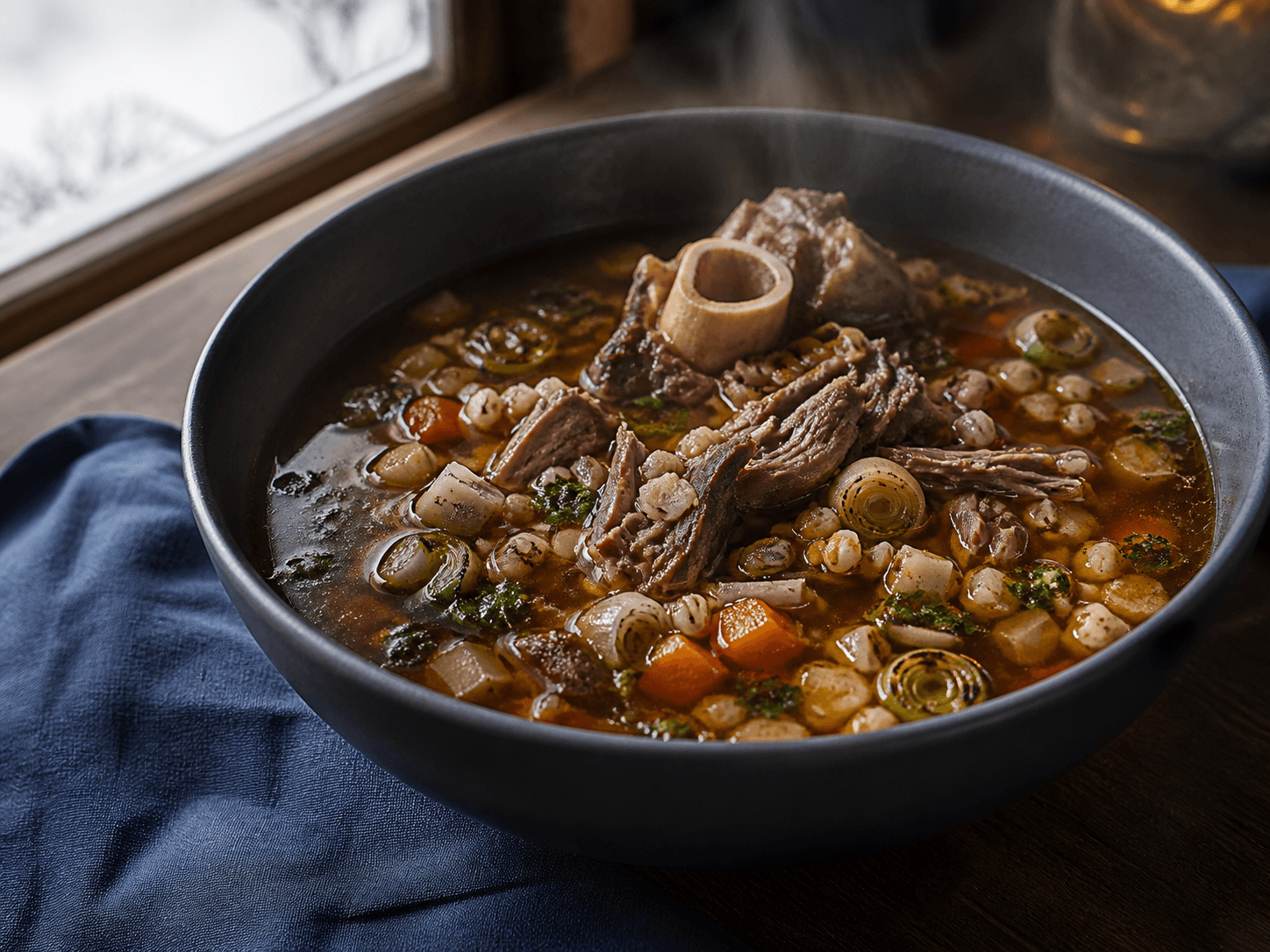 Dyb ravfarvet oksehalesuppe i mørk stentøjsskål med trevlet oksehalekød, perlebyg, små rodfrugter, charret porre og persilleolie