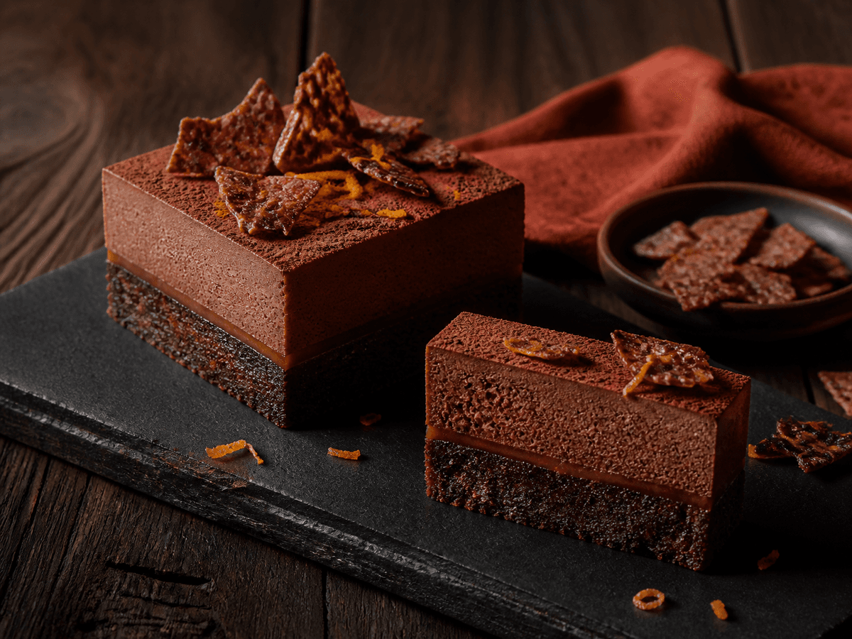 Firkantet Gateau Marcel med tæt bagt chokoladebund, høj mousse, tynd havtorngel, kakao, appelsinskal og sprøde boghvedepraliné-skår på sort sten