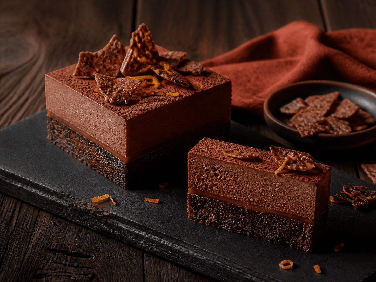 Firkantet Gateau Marcel med tæt bagt chokoladebund, høj mousse, tynd havtorngel, kakao, appelsinskal og sprøde boghvedepraliné-skår på sort sten