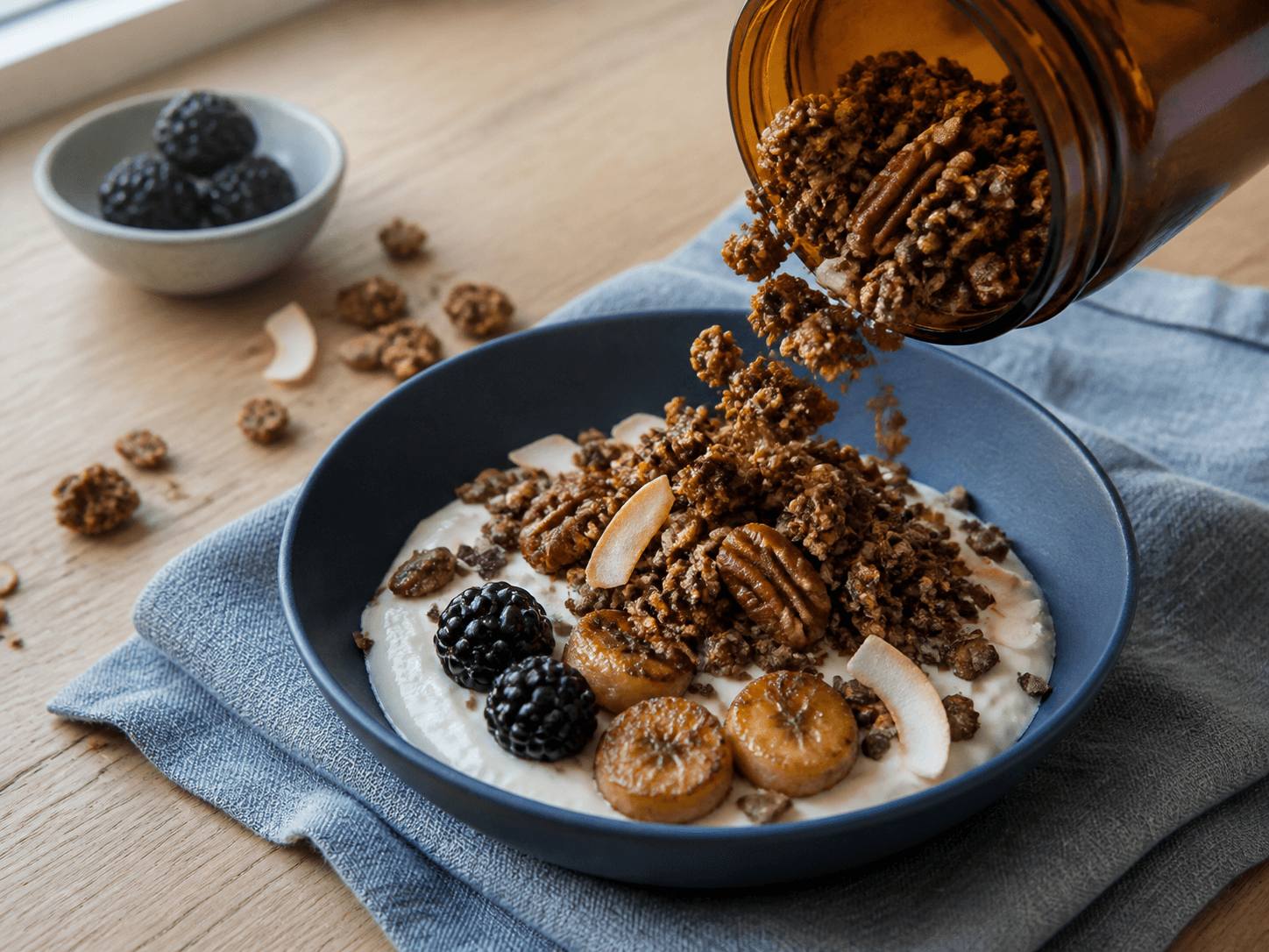 Store mørkgyldne banangranolaklynger med tahin, pecan, boghvede, græskarkerner, kokos og kakaonibs over skyr i koboltskål