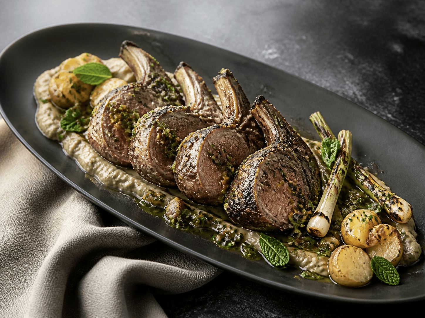 Fem mørkt stegte lammekoteletter med sort hvidløg og rosmarin på røget auberginepuré med kartofler, grillede forårsløg, mynte og citronurtesauce