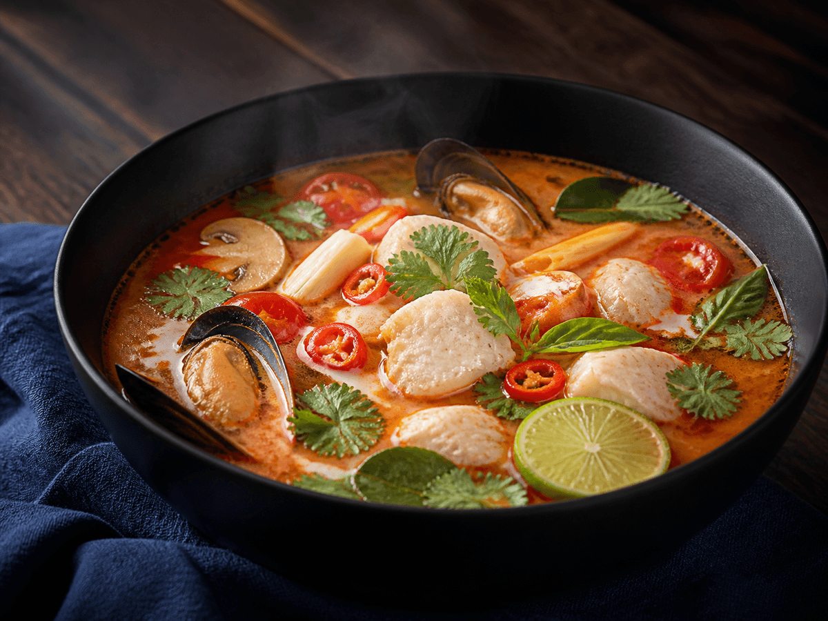 Dampende Tom Yum i sort skål med helt tilberedt torsk, åbne muslinger, østershatte, tomat, citrongræs, limeblade, kokos, chili og friske urter