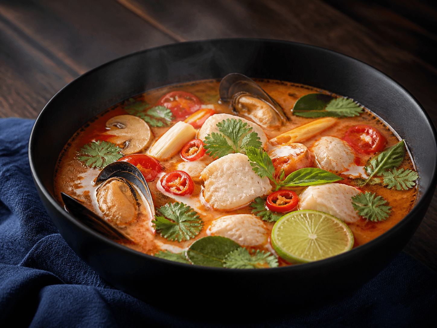Dampende Tom Yum i sort skål med helt tilberedt torsk, åbne muslinger, østershatte, tomat, citrongræs, limeblade, kokos, chili og friske urter