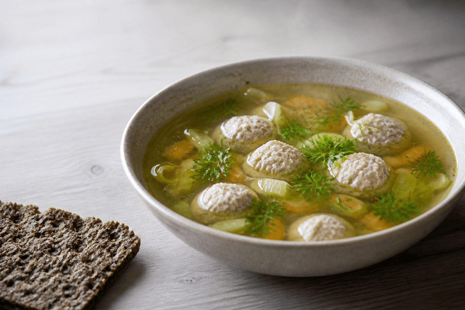 Klar gylden hønsekødssuppe i lys stentøjsskål med små kyllingeboller, gulerod, porre, kørvel og dild samt rugknækbrød