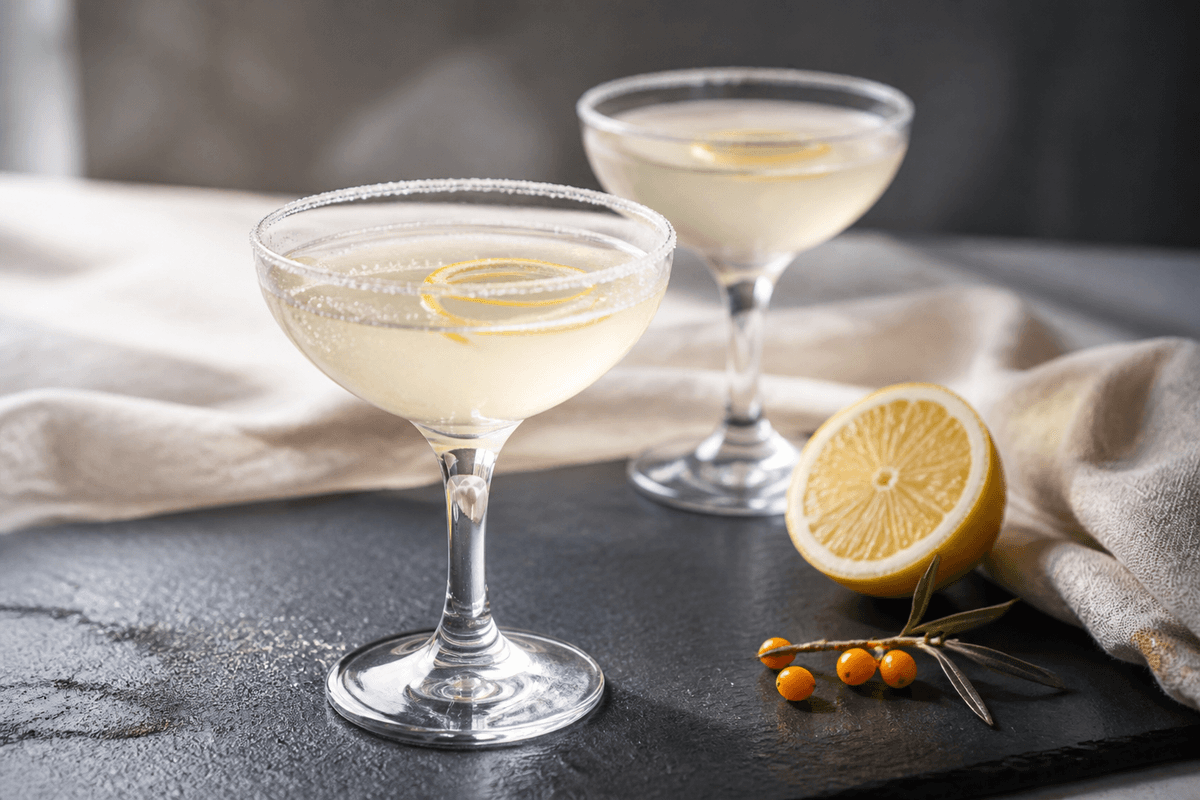 To lysegule Lemon Drop-cocktails i coupeglas med citronsukker, citronskal, en halv citron og havtorn på mørk skifer