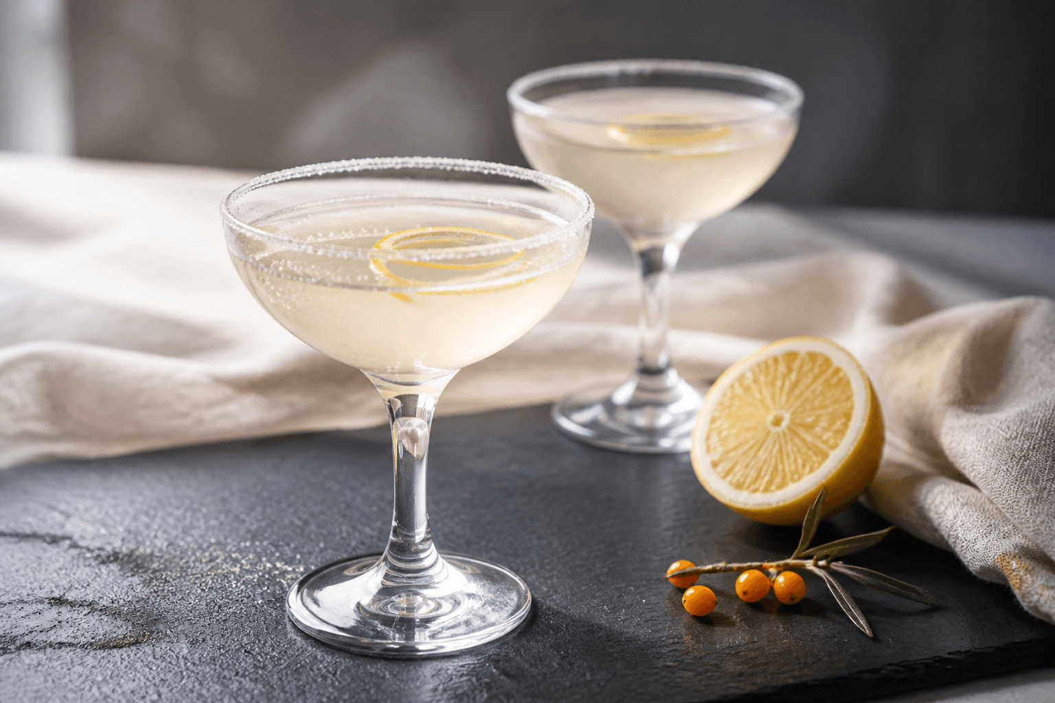 To lysegule Lemon Drop-cocktails i coupeglas med citronsukker, citronskal, en halv citron og havtorn på mørk skifer