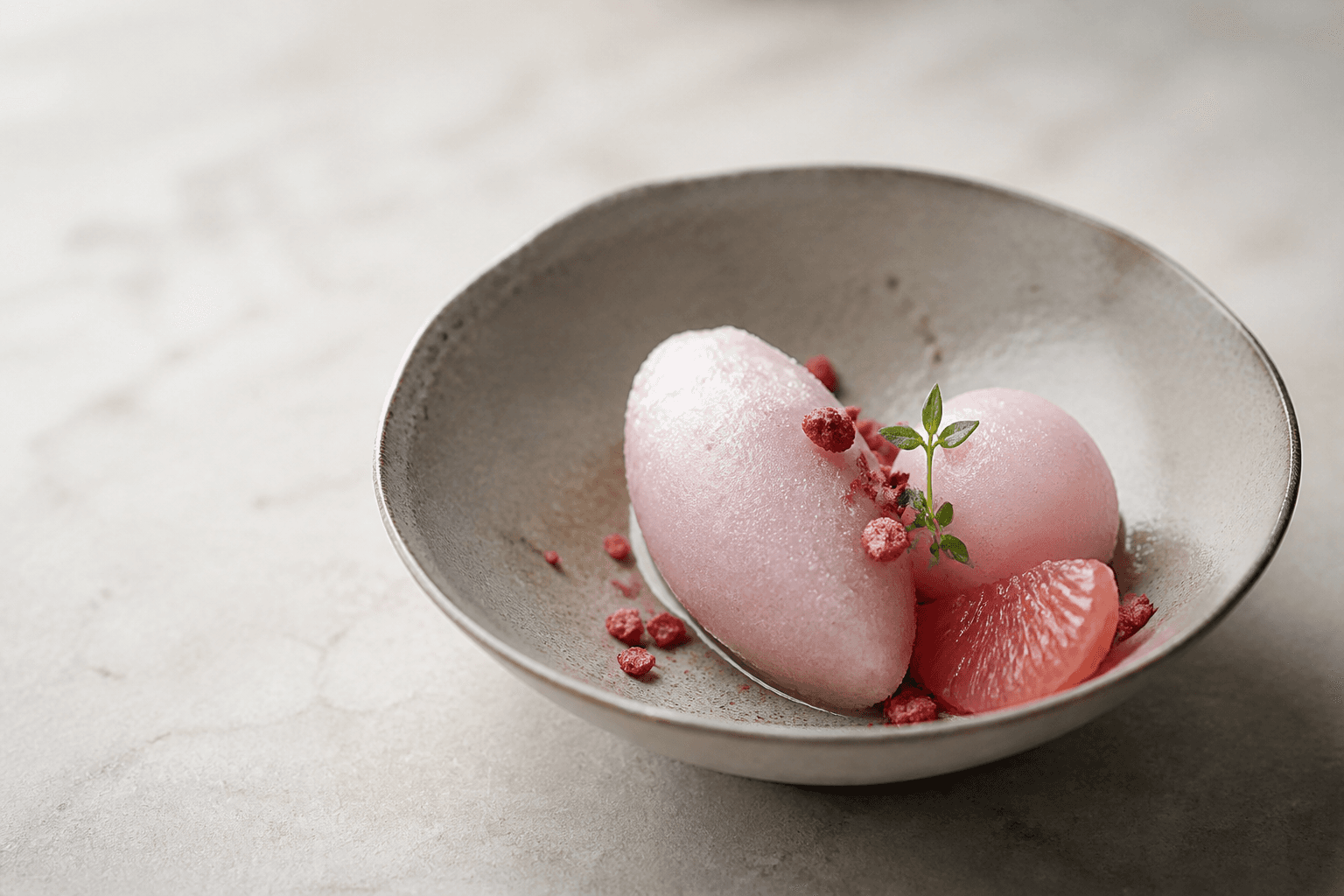 Blushrosa grapefrugtsorbet i grå keramikskål med quenelle, kugle, grapefrugt, frysetørret hindbær og citrontimian