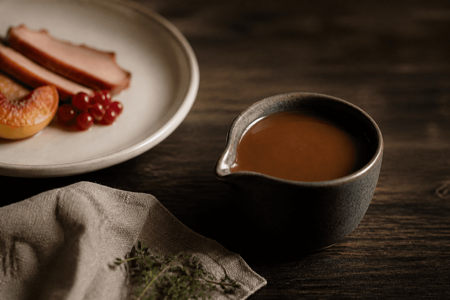 Silkeblød brun julesauce i mørk håndlavet keramikskål med andebryst, karamelliseret æble, ribs og timian i baggrunden
