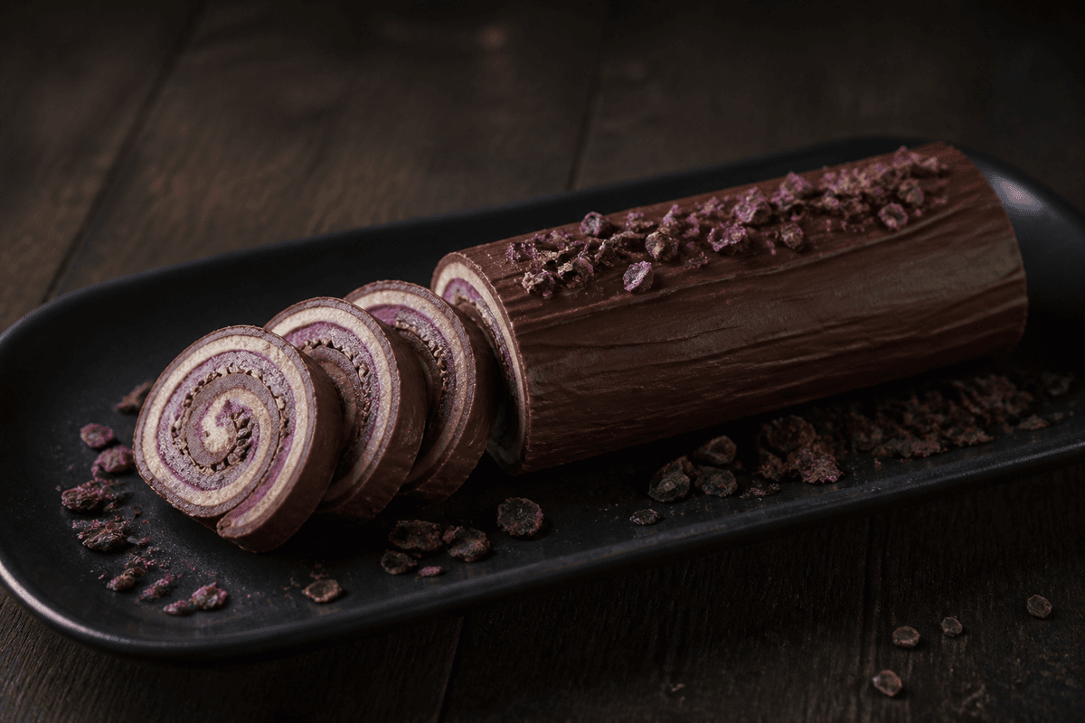 Mørk chokoladeovertrukket konfektroulade med skiver, der viser spiral af lys marcipan, solbærmarcipan, hasselnøddepraliné og rugknas