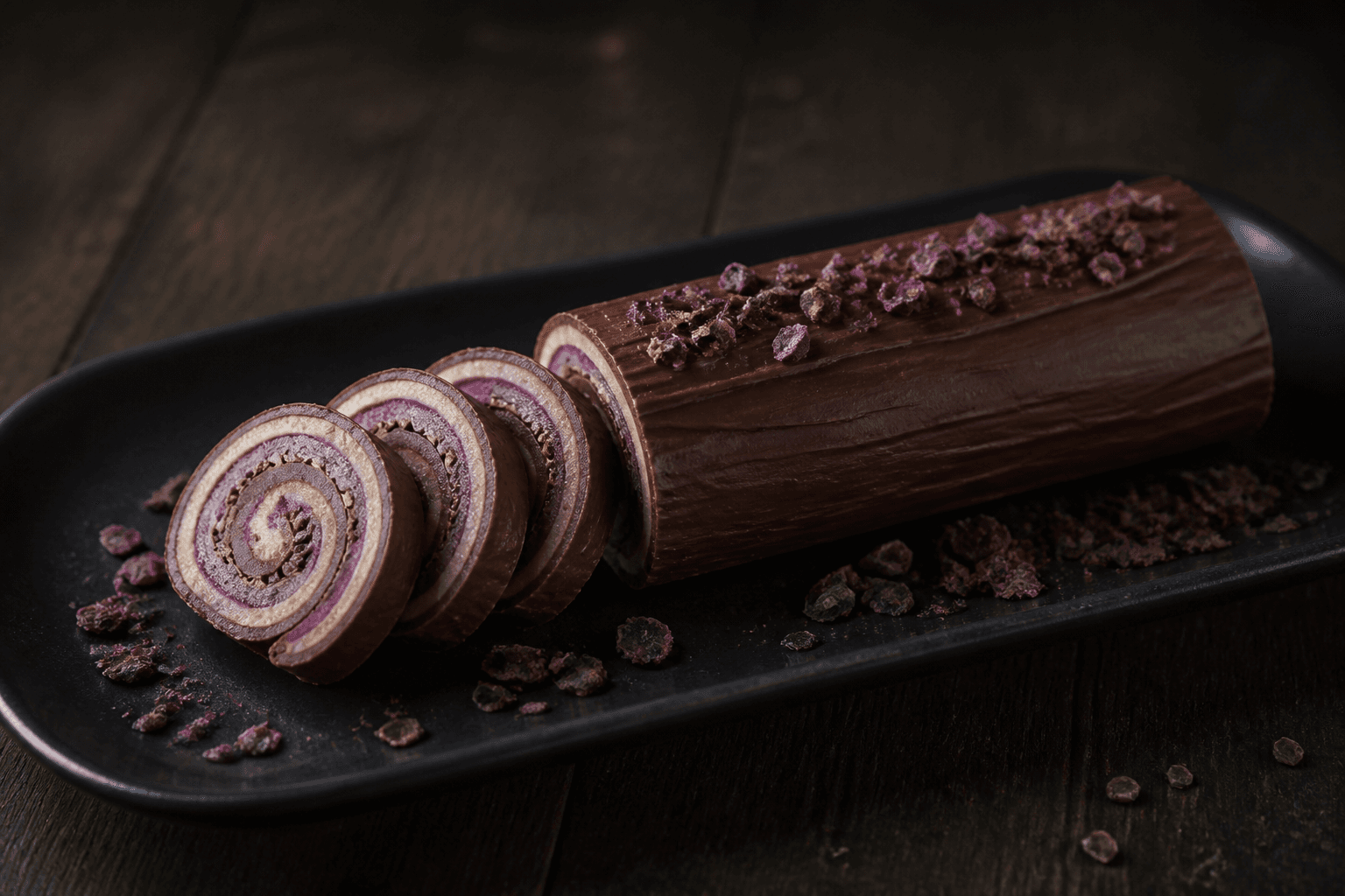 Mørk chokoladeovertrukket konfektroulade med skiver, der viser spiral af lys marcipan, solbærmarcipan, hasselnøddepraliné og rugknas