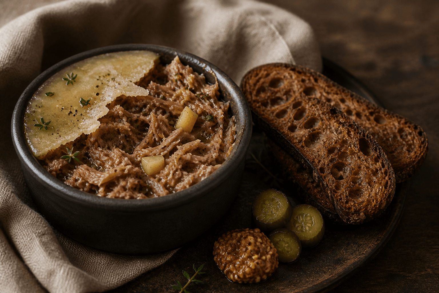 Grov anderillette i mørk keramik med brudt fedtforsegling, små syltede æbletern, timian, ristet rugbrød, cornichoner og sennep