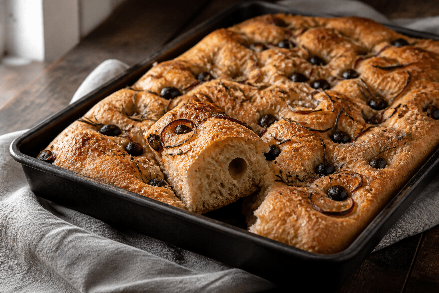Høj gylden focaccia i sort metalform med store lufthuller, rug, rødløg, rosmarin og sorte oliven samt et revet stykke
