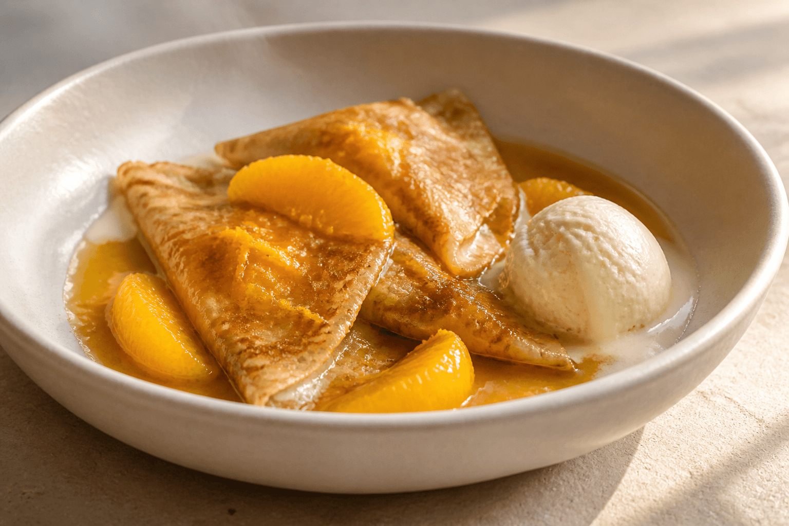 Tre tynde foldede crêpes i lav lys skål med blank appelsin-havtornsauce, appelsinfileter, citrusskal og vaniljeskyris