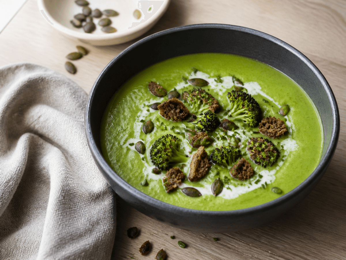 Dybgrøn cremet broccolisuppe i mørk stentøjsskål med ristede broccolibuketter, rugknas, græskarkerner, purløg og syrnet fløde