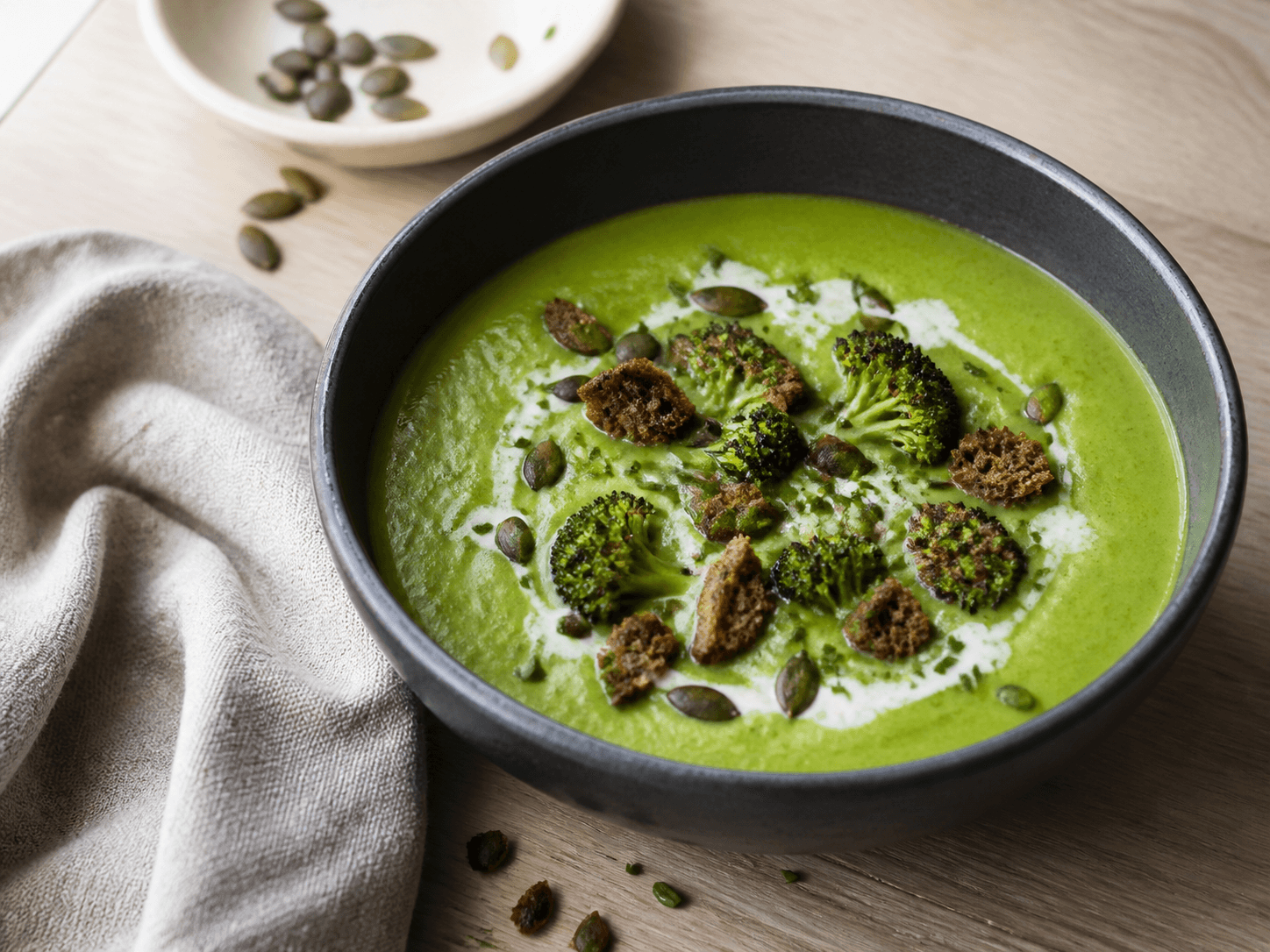 Dybgrøn cremet broccolisuppe i mørk stentøjsskål med ristede broccolibuketter, rugknas, græskarkerner, purløg og syrnet fløde