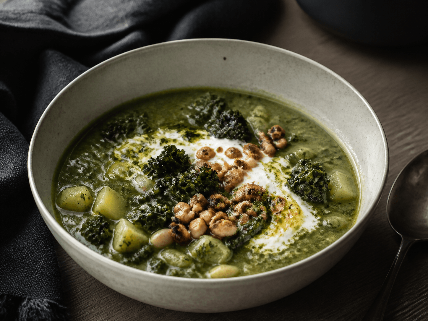 Mørk grønkålssuppe i råhvid stentøjsskål med kartoffeltern, hvide bønner, sprød grønkål, røget mandelknas, urteolie og havrecreme